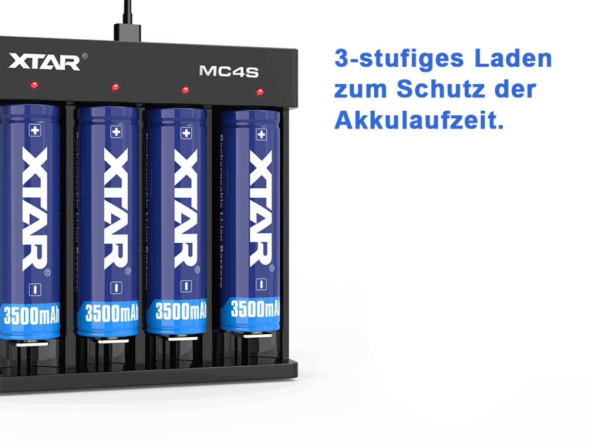 XTAR MC4S kompaktes 4-Schacht Ladegerät für Li-Ion und Ni/MH Akkus