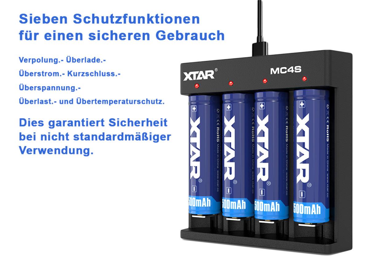 XTAR MC4S kompaktes 4-Schacht Ladegerät für Li-Ion und Ni/MH Akkus