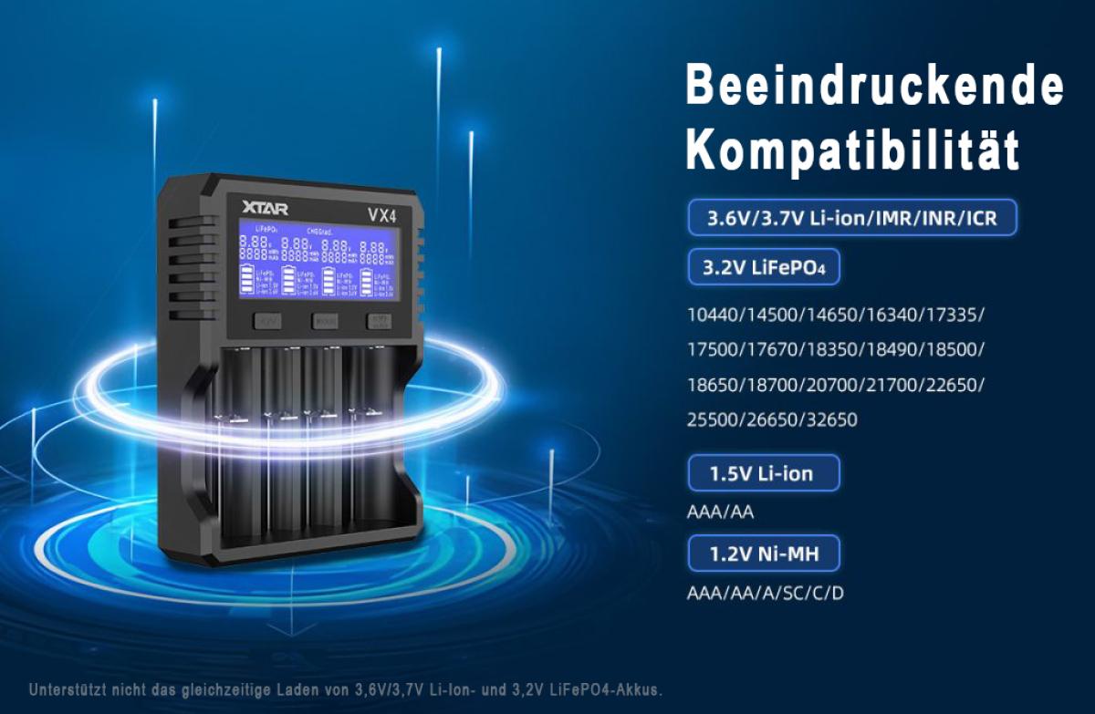 Xtar VX4 Universelles Analyse Ladegerät für 1.5V / 3.6 - 3.7V Li-Ion / 3.2V LiFePO4 & 1.2V Ni-MH Akkus