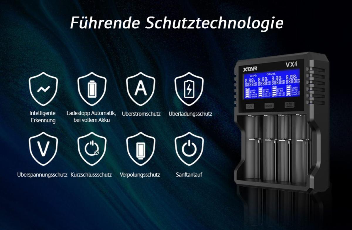 Xtar VX4 Universelles Analyse Ladegerät für 1.5V / 3.6 - 3.7V Li-Ion / 3.2V LiFePO4 & 1.2V Ni-MH Akkus